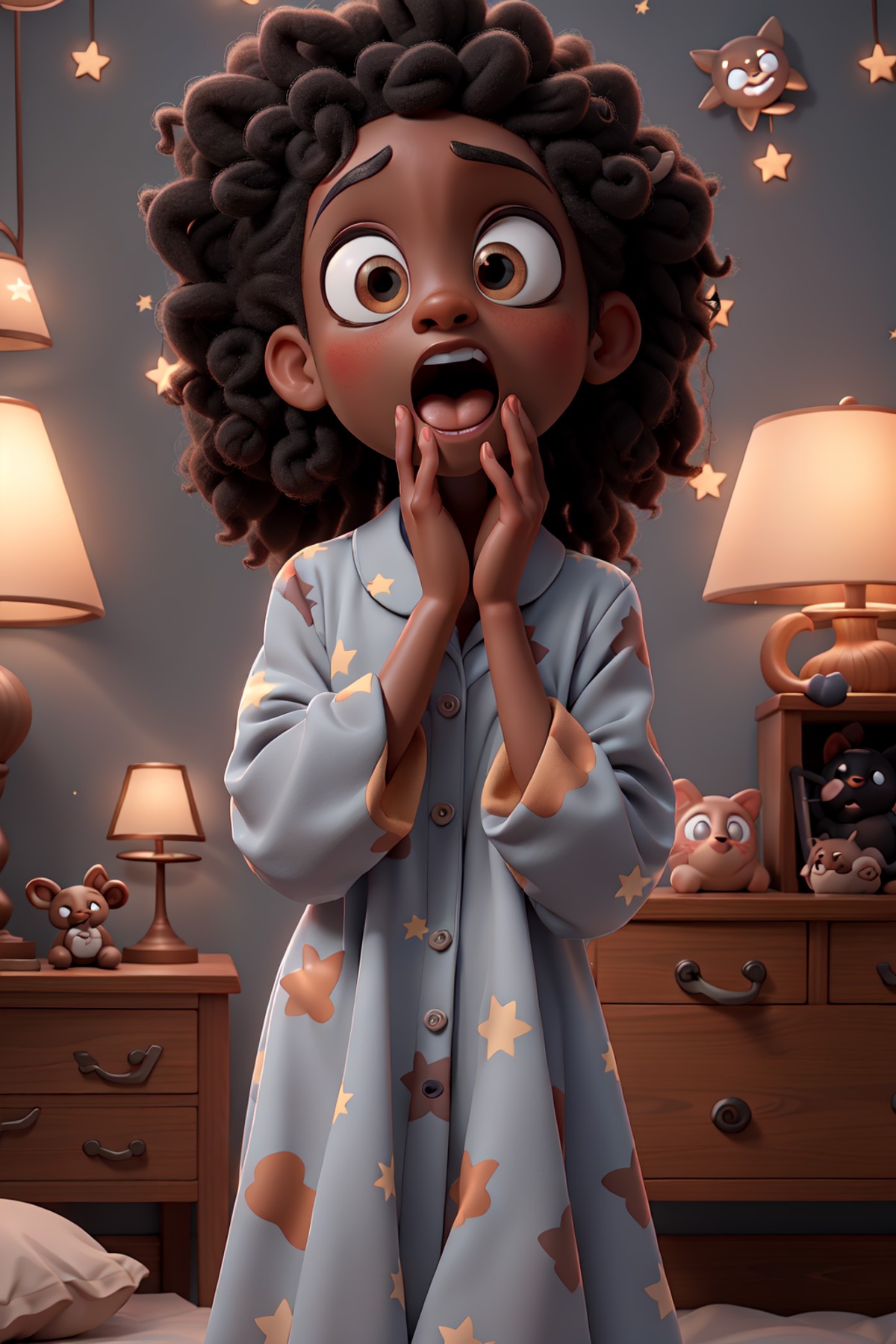 masterpiece, best quality,a surprised little black girl wearing pajamas on a bed wwith her hand on her chin,  stars on the...